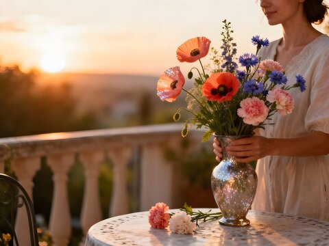 Estate: elegante signora che dispone un vaso con fiori estivi sul tavolo di un terrazzo al tramonto