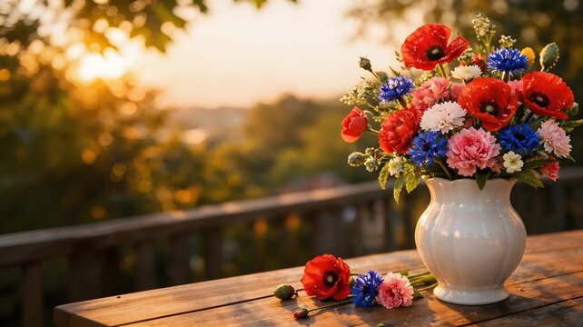 Estate: vaso con fiori estivi sul tavolo di un terrazzo al tramonto