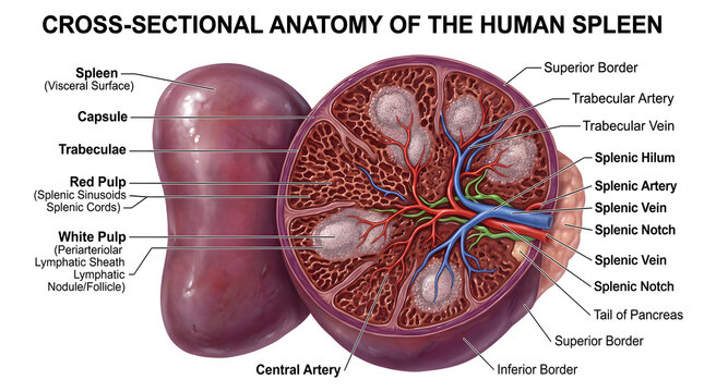 Cross‑sectional anatomy of the human spleen illustrating outer capsule, trabecular framework, central artery branches, splenic artery and vein, red pulp cords and white pulp lymphatic sheaths with lab