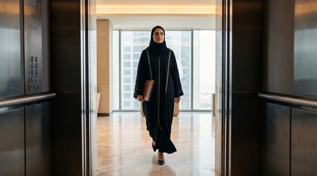 Saudi Female Executive Elevator Doors Opening Corporate Arrival Confident