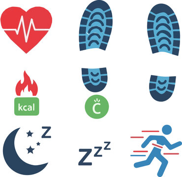 Various fitness and health icons representing heart rate steps calories burned sleep quality and rapid physical exercise for daily tracking