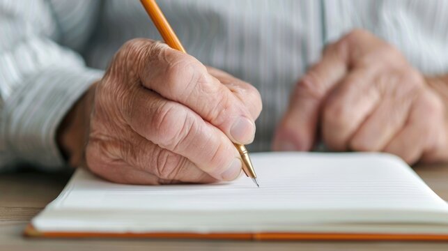Detailed close up shot showcasing the wrinkled hands of an elderly person diligently writing with a pencil in a lined journal suggesting reflection or note taking