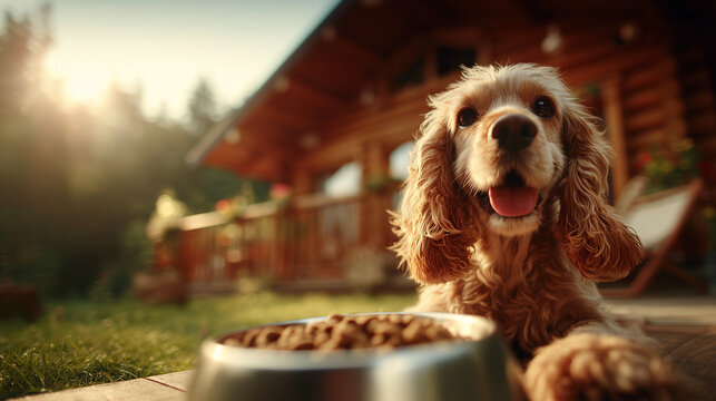Happy dog eating food near house outdoor sunlight