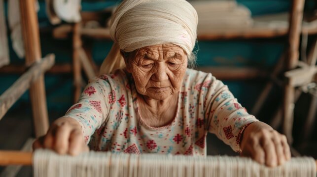 Close up of an elderly woman her face showing wisdom and focus as she works with threads on a loom creating a handmade textile evoking traditional craftsmanship and cultural heritage