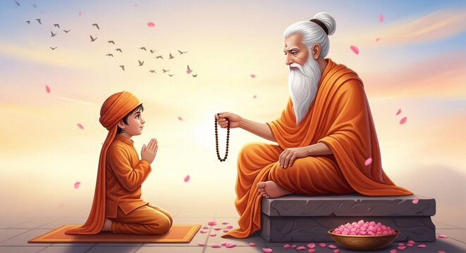 Ancient Spiritual Guru Giving Prayer Beads to Young Disciple at Sunset Illustration