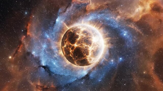 A radiant celestial orb with glowing surface cracks is enveloped by a massive swirling vortex of orange and blue nebular gas and cosmic dust in deep space among distant stars.