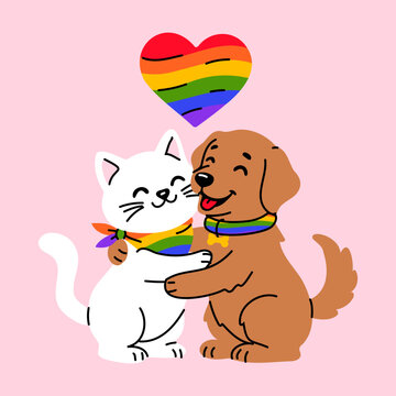Adorable Pet Friendship Pride Cartoon on Pink Backgroun