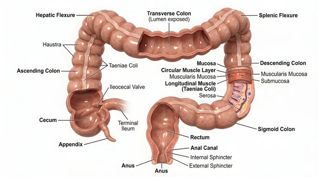 Detailed view of the large intestine highlighting cecum, appendix, ascending, transverse, descending and sigmoid colon with haustra, taeniae coli and rectum, plus wall cross‑section showing mucosa, mu