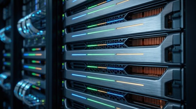 Detailed data center pictures highlighting brushed metal server blades with glowing status lines, vented fronts, layered rack hardware and a premium close-up view of enterprise computing performance.