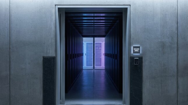 Architectural data center pictures depicting a secure server room entrance with keypad access, concrete walls, framed doorway, moody blue interior glow and restricted enterprise technology space.