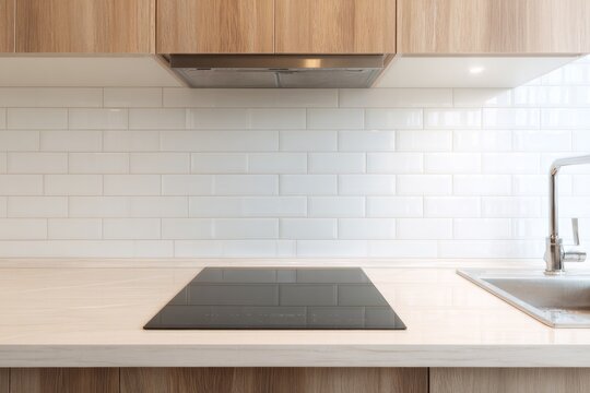 Modern kitchen with wood cabinets, subway tile backsplash, and induction cooktop.