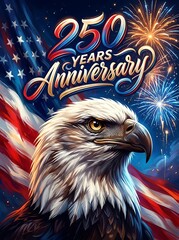 Vibrant illustration of bald eagle with fireworks and american flag for 250 years anniversary © Ameriqo