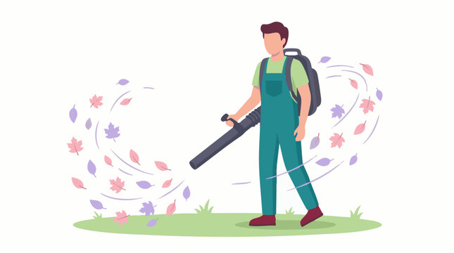 Man using a leaf blower to clear autumn leaves in flat vector style