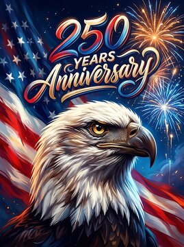 Vibrant illustration of bald eagle with fireworks and american flag for 250 years anniversary