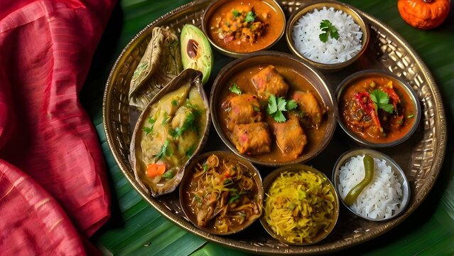 Vibrant Panta Bhat and fish, a delicious Bengali New Year feast. Pahela Baishakh celebrations captured in food photography.
