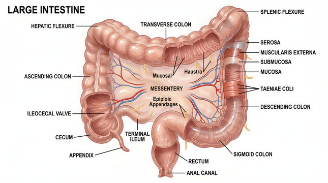 Large intestine anatomy showing cecum, appendix, ascending, transverse, descending and sigmoid colon with haustra, taeniae coli, mesentery, epiploic appendages and layered wall inset (mucosa to serosa
