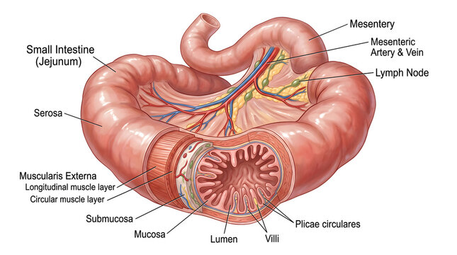Segment of jejunum with attached mesentery showing arterial and venous branches, lymph node and detailed wall cross‑section including mucosa, submucosa, muscularis externa, serosa, villi and plicae ci