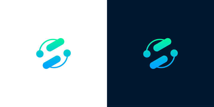 Abstract digital technology logo design with blue and green gradient circuits and dots on white and dark backgrounds