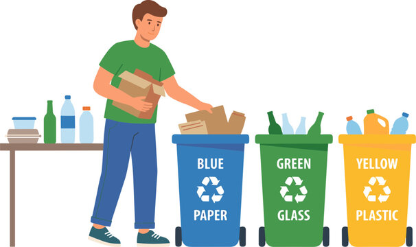 Man sorting recyclable materials into colored bins on a table outdoors
