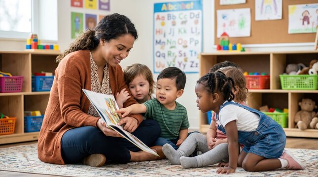 Cozy classroom storytime engaging children in a close-up learning activity
