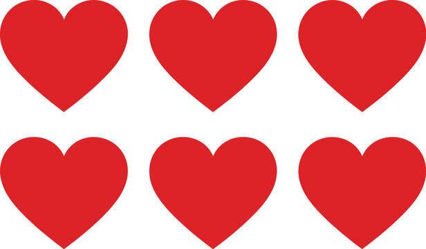 Six solid red heart shapes arranged in two rows  hearts love