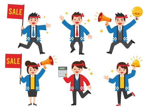 Japanese Sales Staff Vector Character Set in Happi Coats with Sale Flags and Megaphones for Retail Promotions