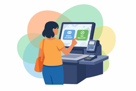 Woman using retail self service point of sale kiosk screen