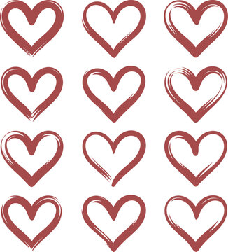Twelve Hand Drawn Maroon Heart Shapes  hearts brush stroke