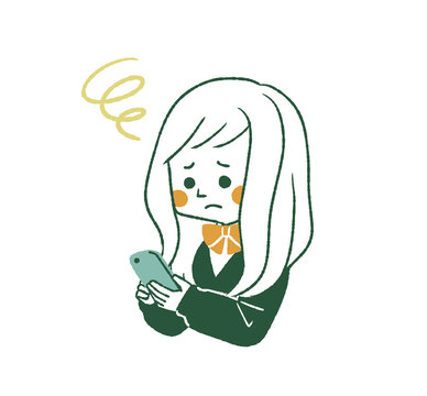 困った表情でスマートフォンを使っている女子学生