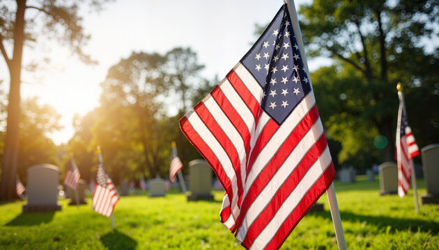 American flags waving in peaceful cemetery at sunset, remembrance