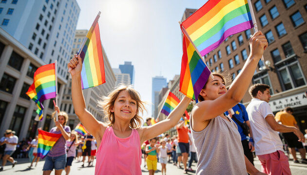 Joyful celebration at pride parade with rainbow flags, inclusivity