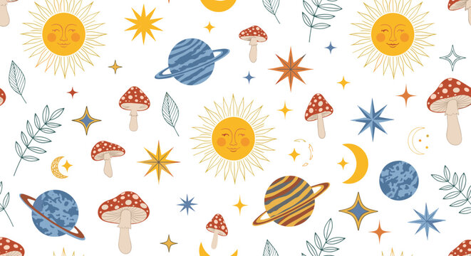 Whimsical celestial seamless pattern featuring smiling suns ringed planets crescent moons stars and spotted mushrooms on white.