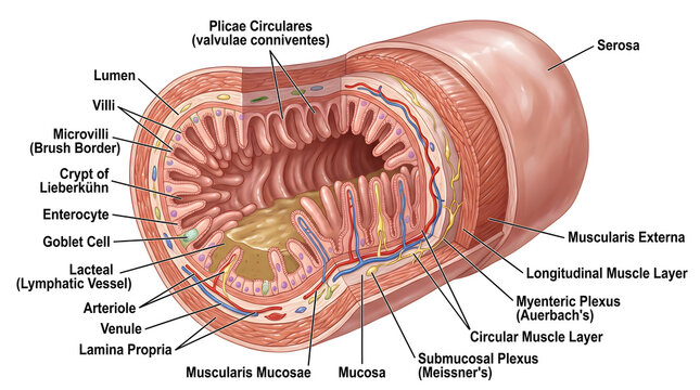 Cross‑section of the small intestine wall showing plicae circulares, villi with microvilli, goblet cells, lamina propria, lacteals, muscularis mucosae, submucosal and myenteric plexuses, circular and 