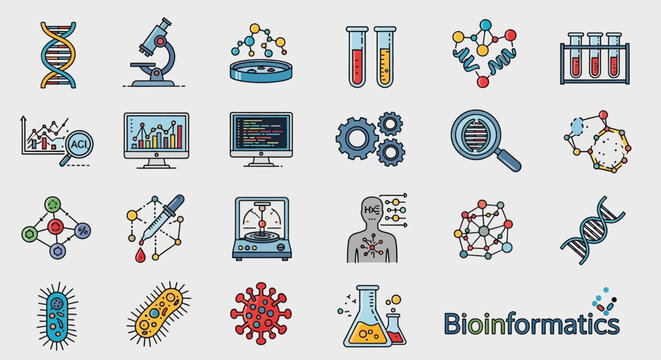 Bioinformatics Icons Representing Science and Research Concepts.