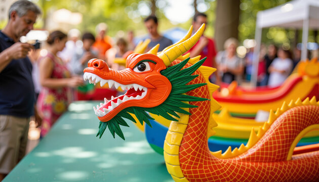 Colorful dragon boat showcasing vibrant festival spirit, cultural celebration