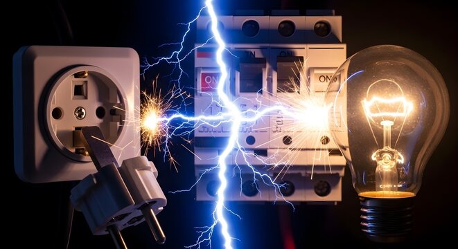A dramatic electrical surge sparks between a plug and an outlet