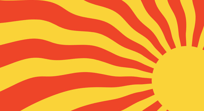 Dynamic sunburst background featuring bold red and orange wavy rays radiating from a large yellow sun in the bottom corner.