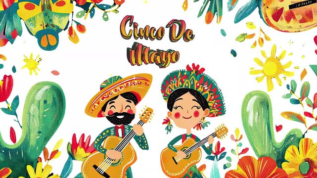 Cinco de Mayo mexican festival with cartoon mariachi guitar players colorful fiesta on white background