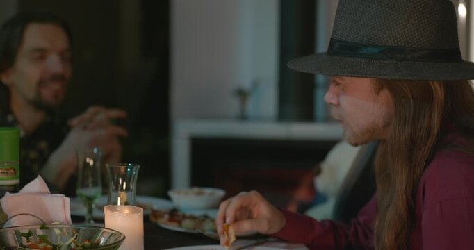 Kid Spend Time with Uncles. Friends Have a Home Party Dinner. 4K 10-bit