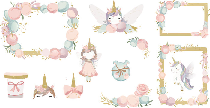Whimsical unicorn illustrations with floral elements and frames in pastel colors for design and decoration
