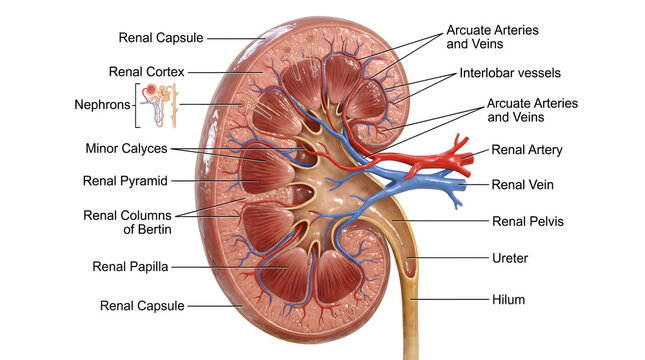 Detailed cross‑section of the kidney labeling renal capsule, cortex, medulla, pyramids, columns of Bertin, papillae, minor calyces, major calyces, renal pelvis, renal hilum, renal artery, renal vein a