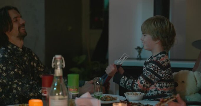 Kid Spend Time with Uncles. Friends Have a Home Party Dinner. 4K 10-bit