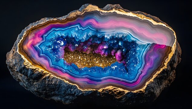 A vibrant geode slice with iridescent blue and pink crystals glowing against a dark background.

