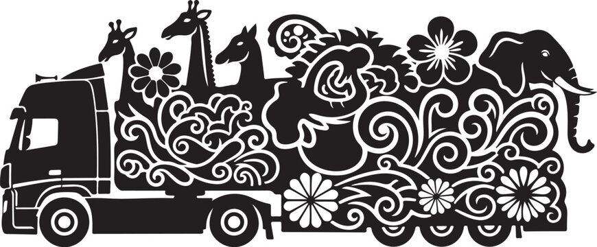 Black truck, animal, floral pattern vector illustration, safari, decorative transport