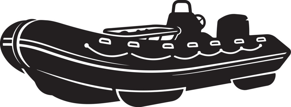 Black inflatable boat, rubber dinghy, vector illustration, nautical icon, isolated on white