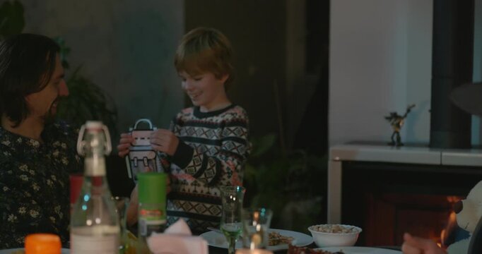 Kid Spend Time with Uncles. Friends Have a Home Party Dinner. 4K 10-bit