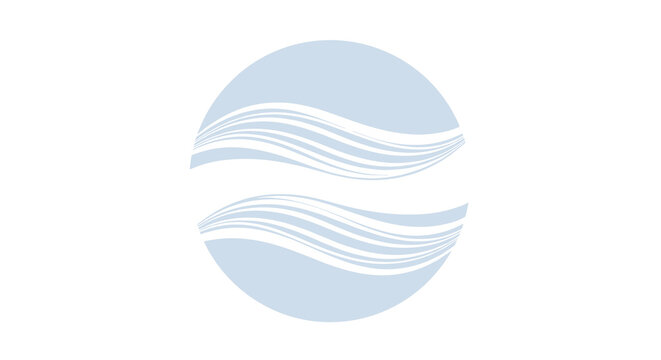 Abstract circular logo design in light blue featuring soft horizontal wavy lines representing water flow and calm environmental concepts.