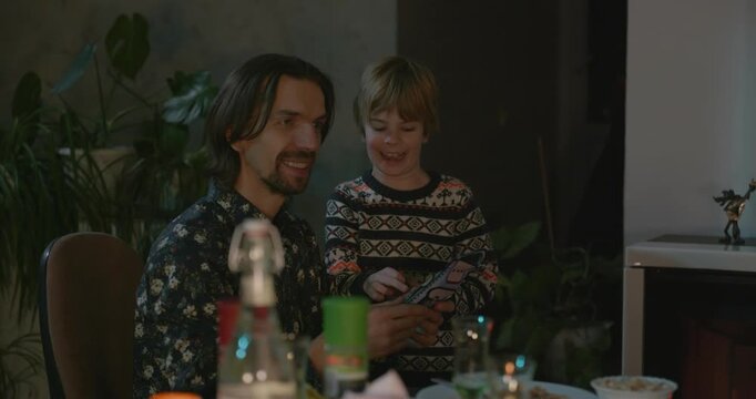 Kid Spend Time with Uncles. Friends Have a Home Party Dinner. 4K 10-bit