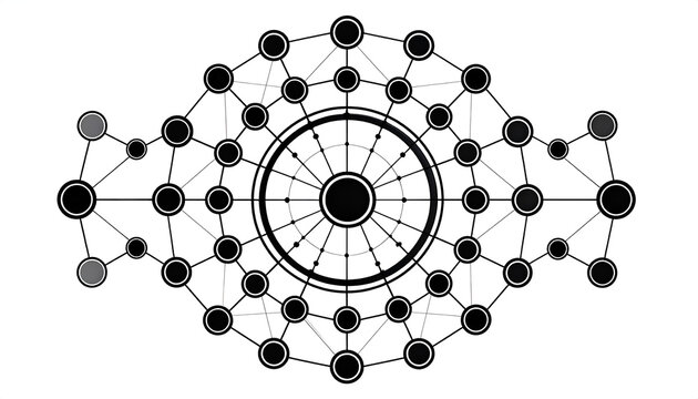 A complex network diagram features interconnected circles and radial lines, creating a visually striking abstract composition.