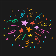 Fototapeta premium Hand drawn firework element. Crayon or pencil doodle sketch with colorful stars and confetti